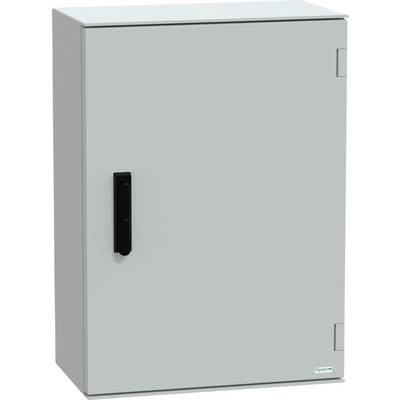 Een grijze elektrische kast met een zwarte handgreep, gesloten, gebruikt voor het huisvesten en beschermen van elektrische componenten.