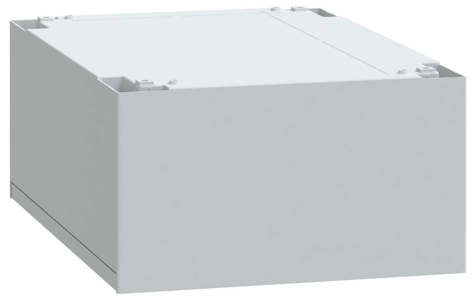 Een grijze, rechthoekige, eenvoudige doos met lichte details langs de bovenranden, die eruitziet als een basale container of onderdeel van een grotere assemblage.