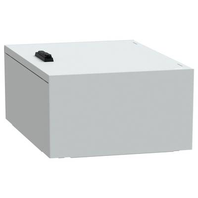 Een wit metalen doosje met een zwarte handgreep bovenop, geplaatst tegen een effen achtergrond. Het ontwerp is eenvoudig en functioneel.