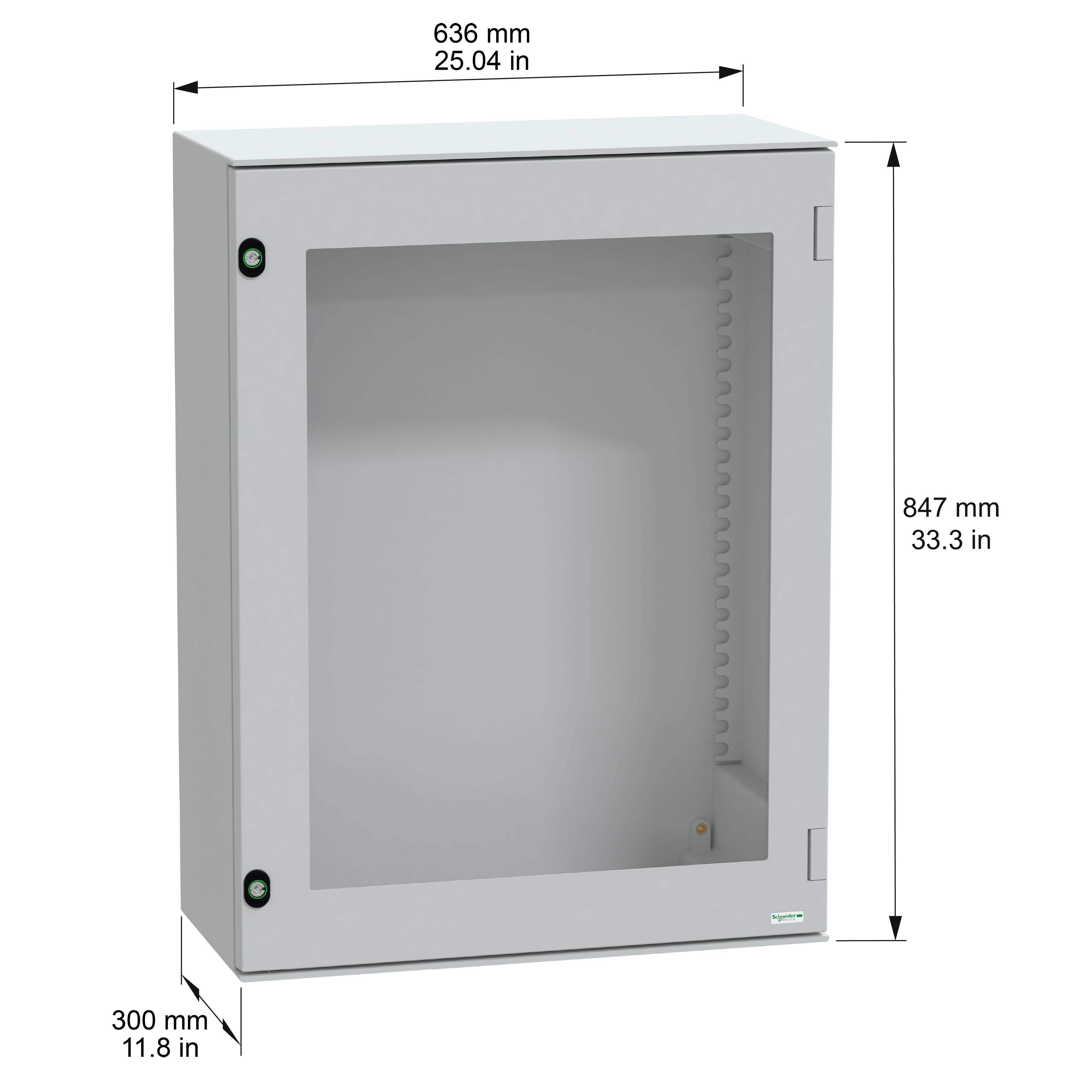 Een rechthoekige grijze metalen behuizing met een transparante voorkant, afmetingen gemarkeerd: 636 mm breedte, 847 mm hoogte, 300 mm diepte.