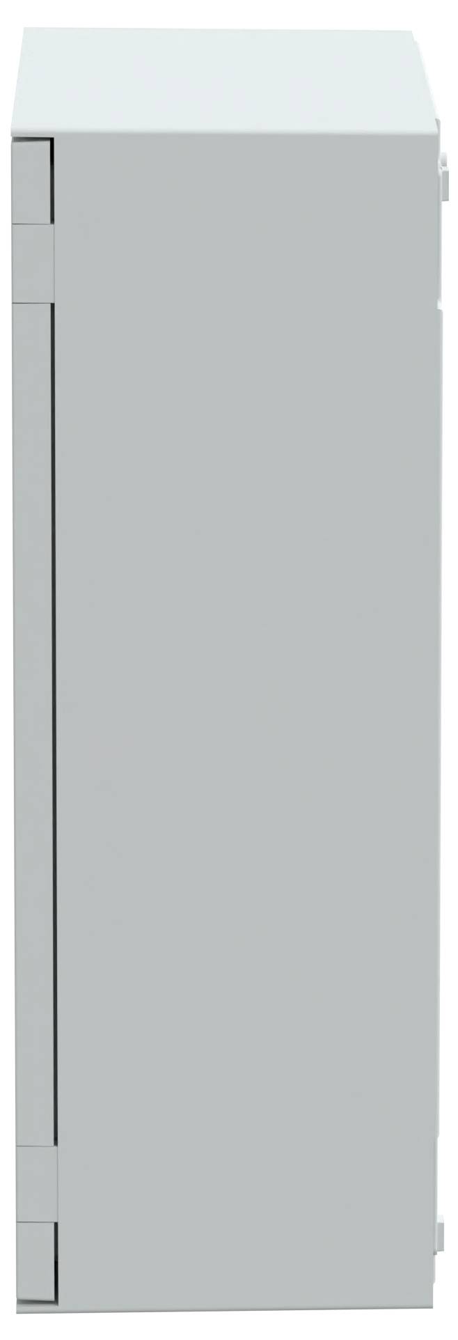 Een hoge, smalle, lichtgrijze rechthoekige metalen kast met scharnieren aan de linkerkant.