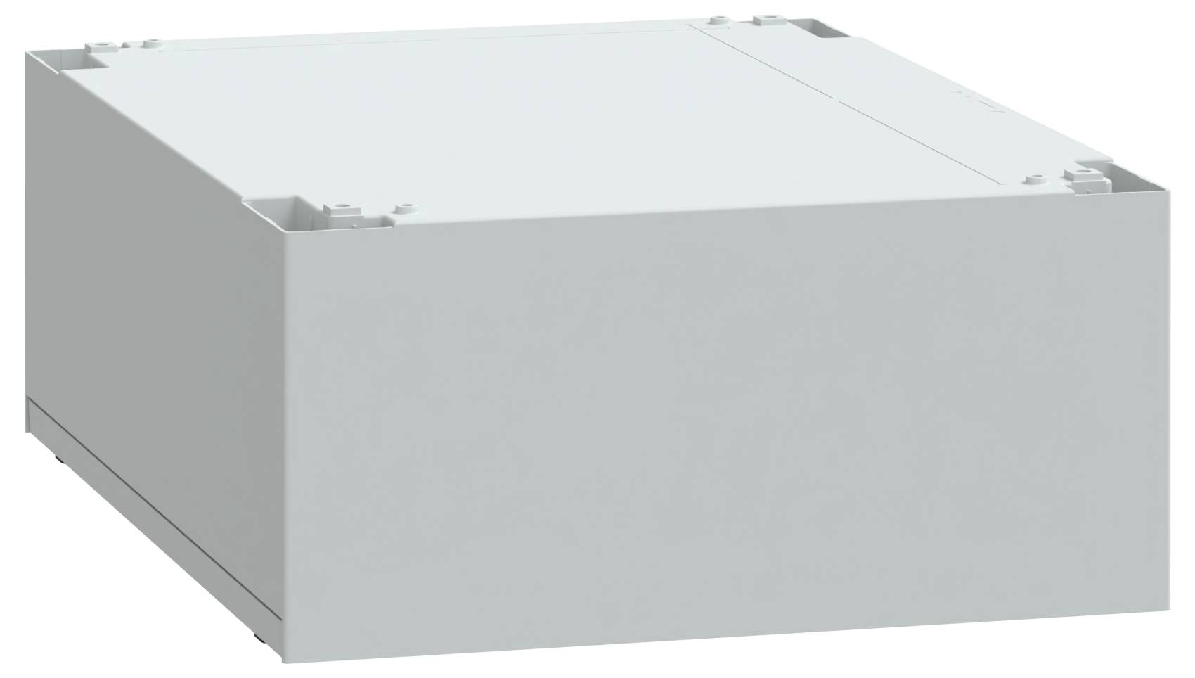 Een grijze, rechthoekige elektronische behuizingsdoos met een gladde, effen oppervlakte en een passend bovenlid, mogelijk gebruikt voor het huisvesten van componenten.