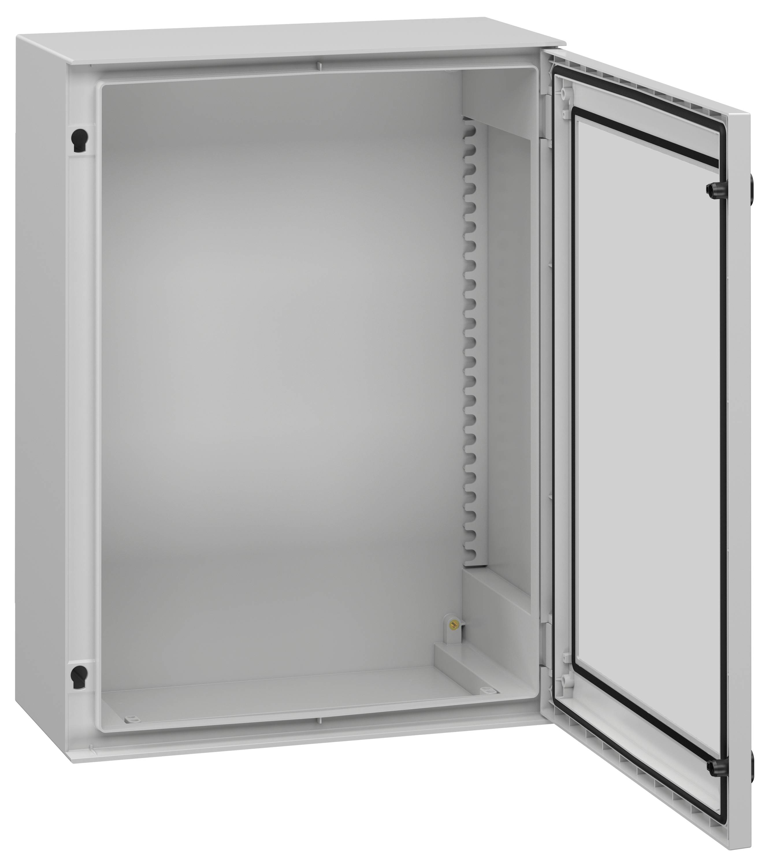 Een open, lege metalen elektrische kast met een scharnierdeur; zijaanzicht dat de interne ruimte en deurafdichtingen toont.