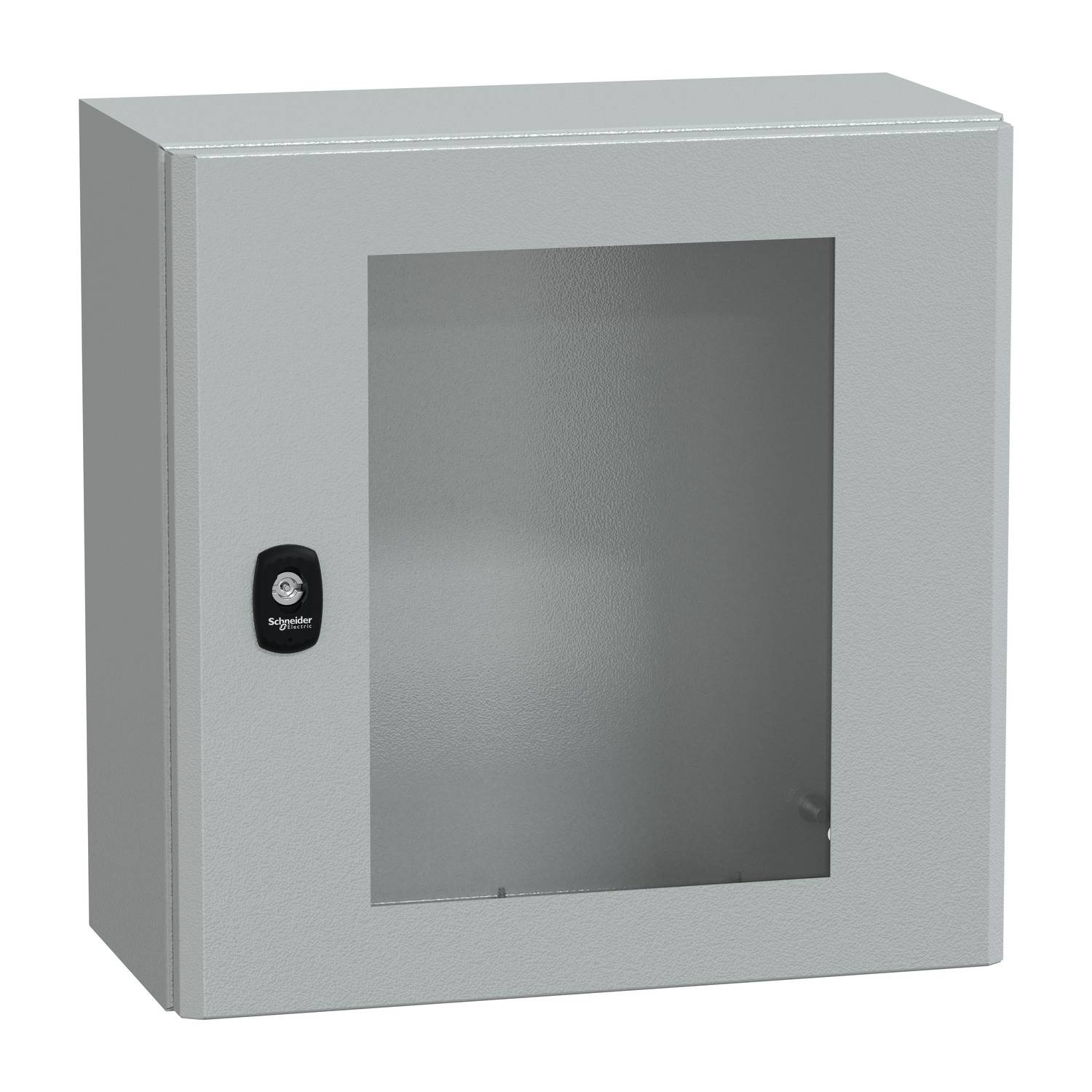 Grijze metalen kast met glazen deur, gesloten. Klein slot aan de linkerkant. Geschikt voor het veilig opbergen van voorwerpen.
