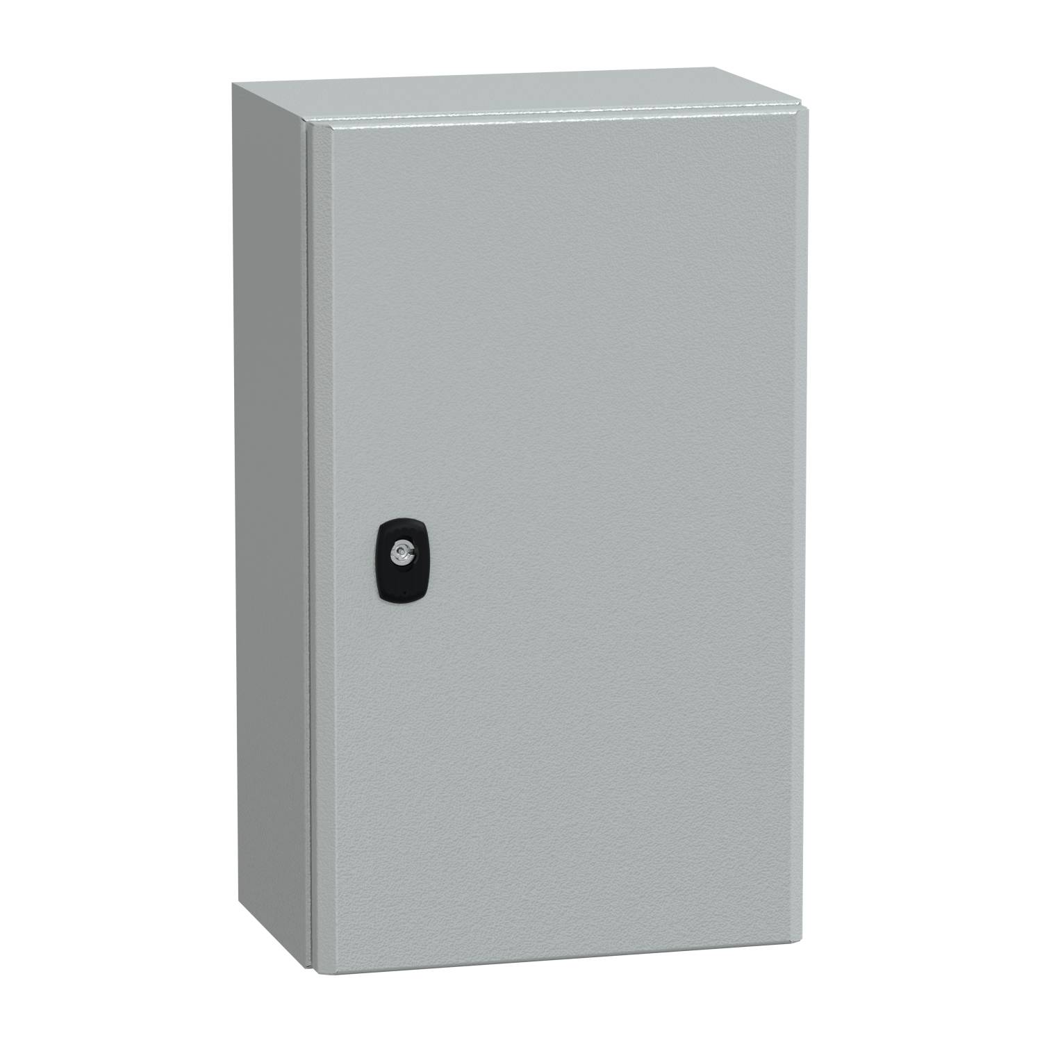 Een grijze metalen kast met één deur en een zwarte sluiting. De kast is eenvoudig en functioneel ontworpen.