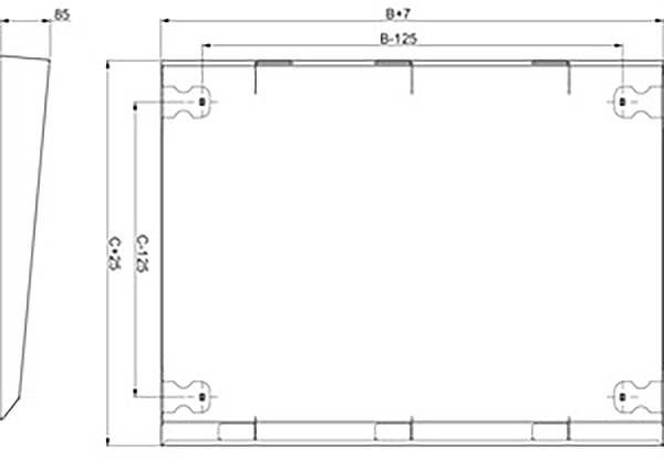 Technische tekening van een rechthoekige doos met afmetingen. Boven: 85 mm, links: 825 mm. Toont bovenaanzicht met montagepunten en vouwlijnen.