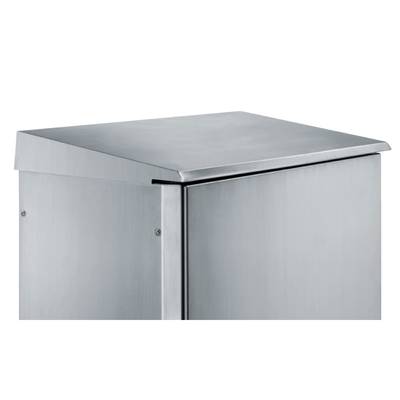 Een behuizing van roestvrij staal met een afgeschuind dak, geschikt voor gebruik buitenshuis. Stevig en weersbestendig voor bescherming van apparatuur.