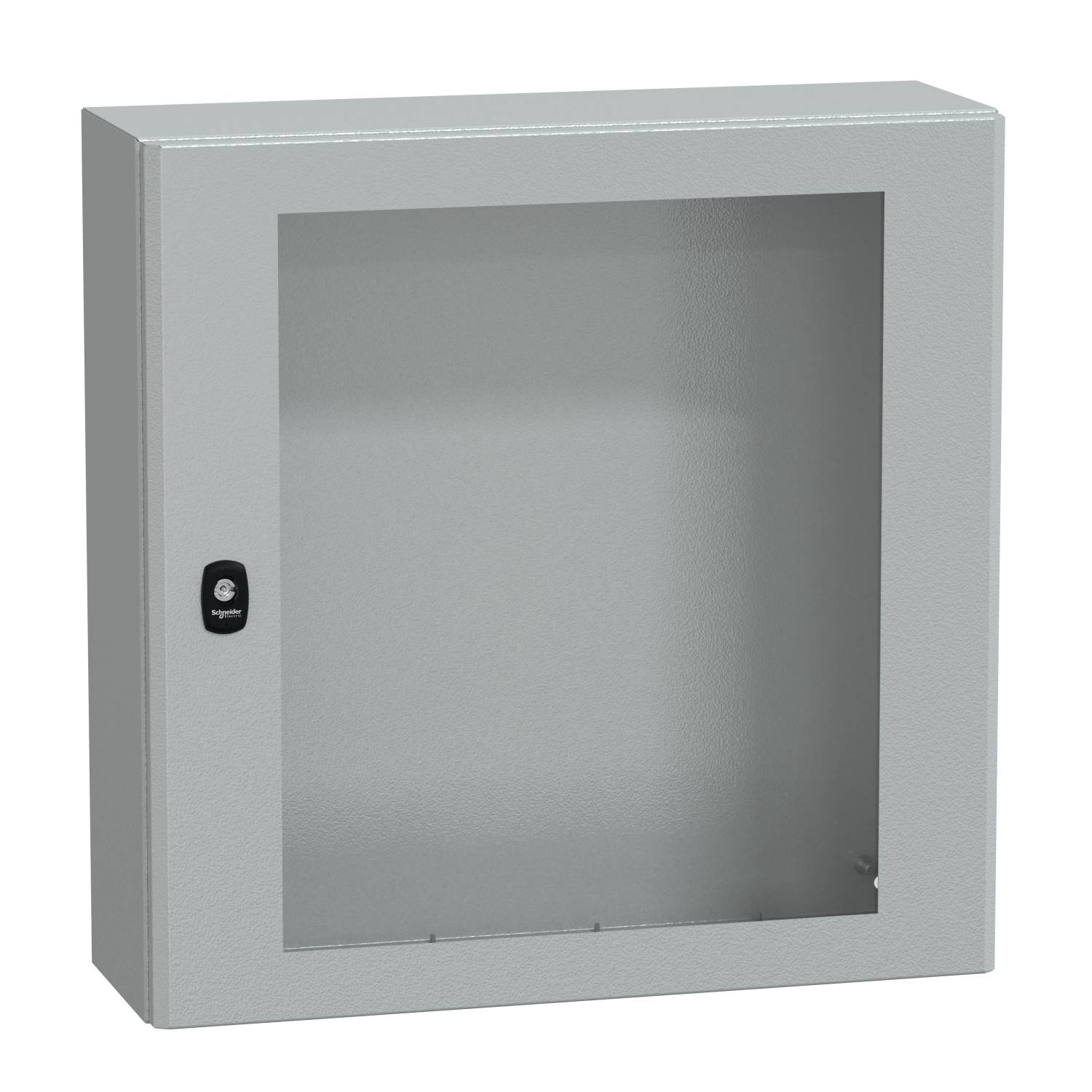Een grijze, lege metalen kast met glazen deur en slot in het midden. De kast is geschikt voor wandmontage.