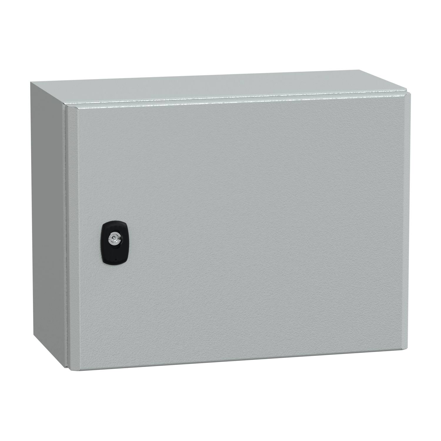 Grijze rechthoekige metalen kast met een zwart slot aan de voorkant, geschikt voor het opbergen van elektronische apparaten.