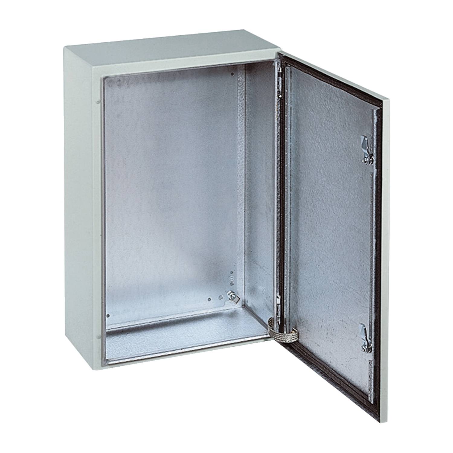 Metalen kast met open deur; zilvergrijze binnenruimte zichtbaar. Strak, minimalistisch ontwerp zonder sluitingsmechanisme.