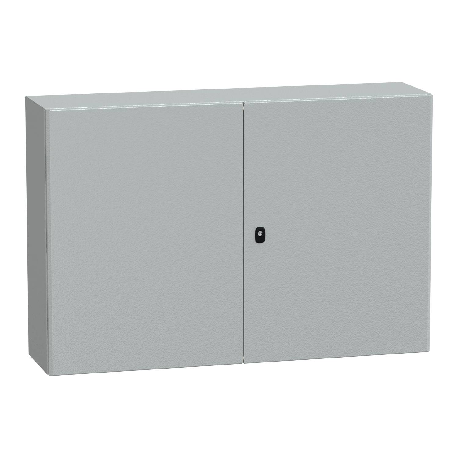 Grijze metalen kast met twee deuren en een klein zwart handvat in het midden.