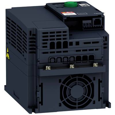 Een zwarte elektronische schakelkastmodule met een ventilator aan de onderkant, een groene knop en meerdere aansluitingen aan de bovenkant.