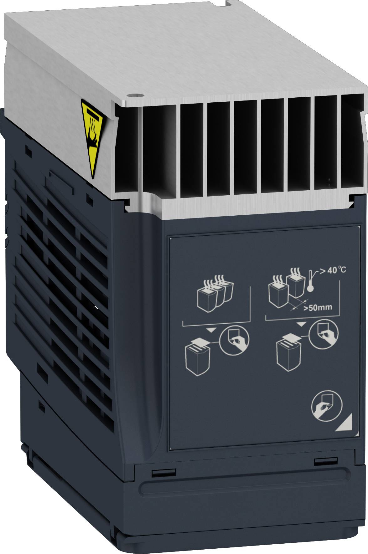 Industriële schakelkastventilator met waarschuwingssymbool en instructiepictogrammen voor veilige installatie en ventilatie.