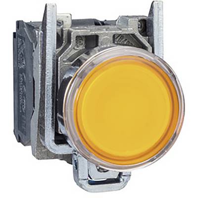 Een gele knop met metalen bevestiging, kenmerkend voor industriële bedieningsapparatuur.