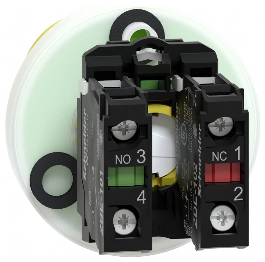 Zwarte drukknop-contactblok met aansluitklemmen gelabeld NO 3, 4 en NC 1, 2, gemonteerd op een cirkelvormige basis.