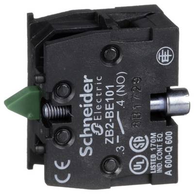 Close-up van een Schneider Electric ZB2-BE101 industriële drukknop contactblok met groene bedieningshendel en aansluitmarkering.