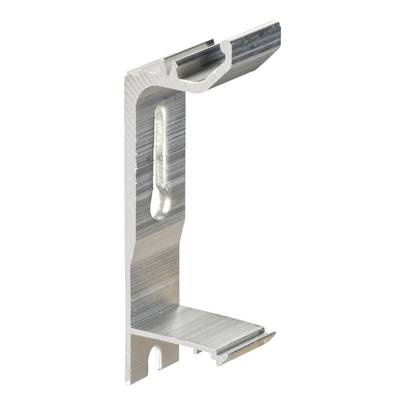 L-vormige metalen clip, gebruikt voor vergrendeling of bevestiging van panelen, met een sleuf voor schroefmontage.