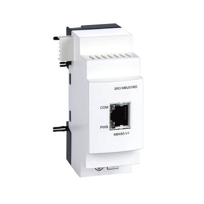 Een Modbus-communicatiemodule met Ethernet-aansluiting, gebruikt voor integratie en communicatie in industriële besturingssystemen.