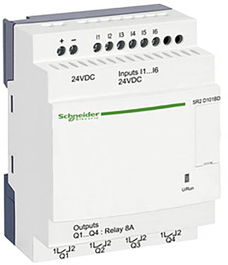 Een wit besturingsapparaat met het opschrift 'Schneider Electric', voorzien van meerdere aansluitingen aan boven- en onderzijde, toont ingangen en uitgangen in volt.