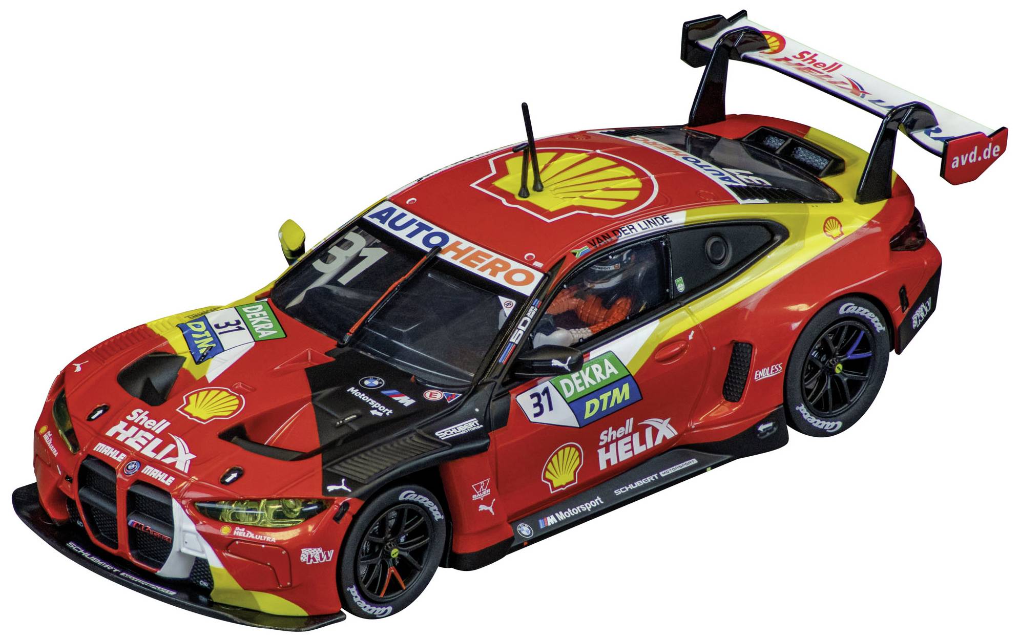 Een rood-gele racewagen met nummer 31, beplakt met 'Shell Helix' logo's en andere sponsoruitingen, in een dynamische rijweergave.