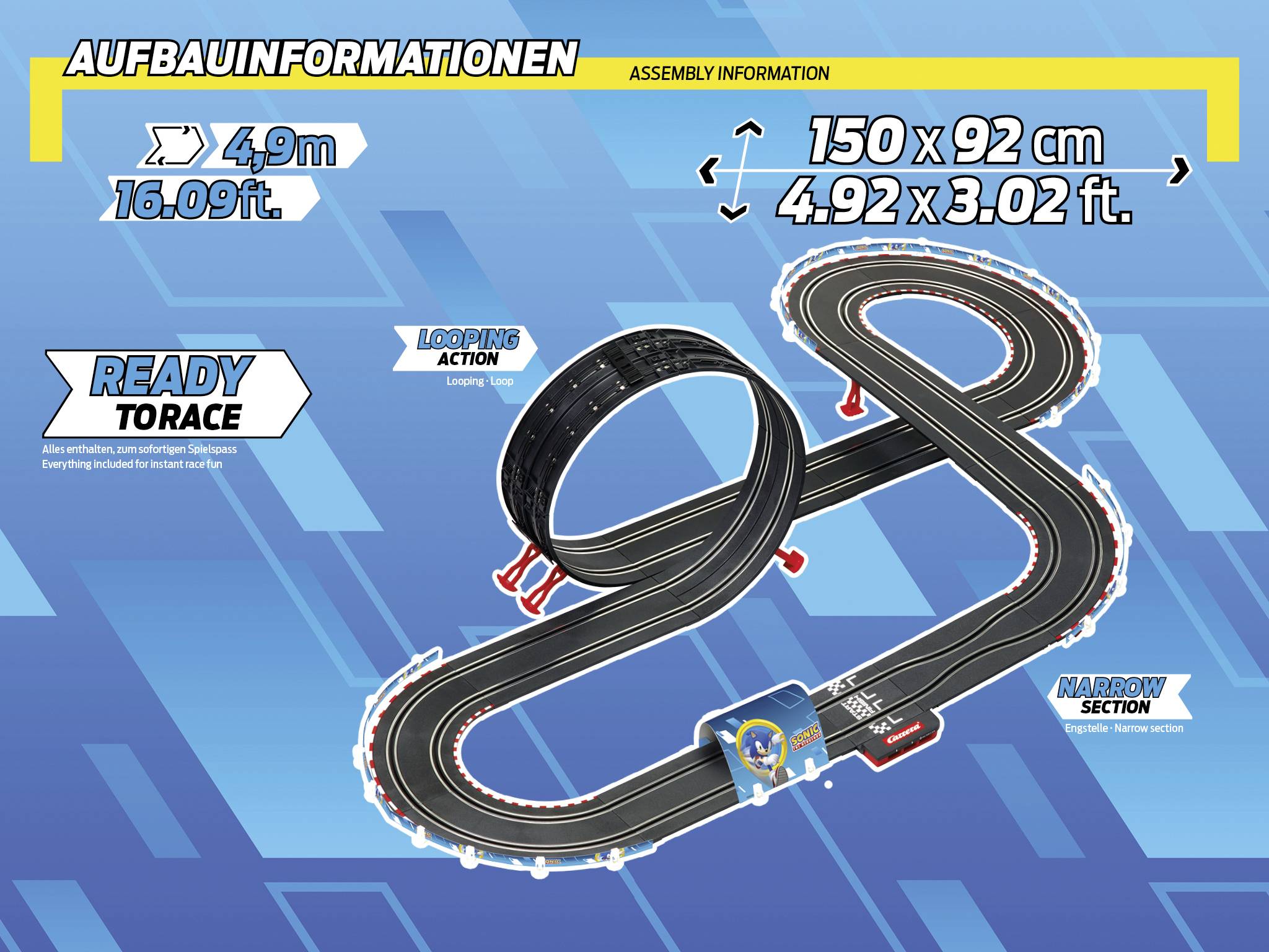 Bouwinformatie voor racecircuit: Afmetingen 150 x 92 cm. Baanlengte 4,9 m. Acties: Lus en scherpe bochten.