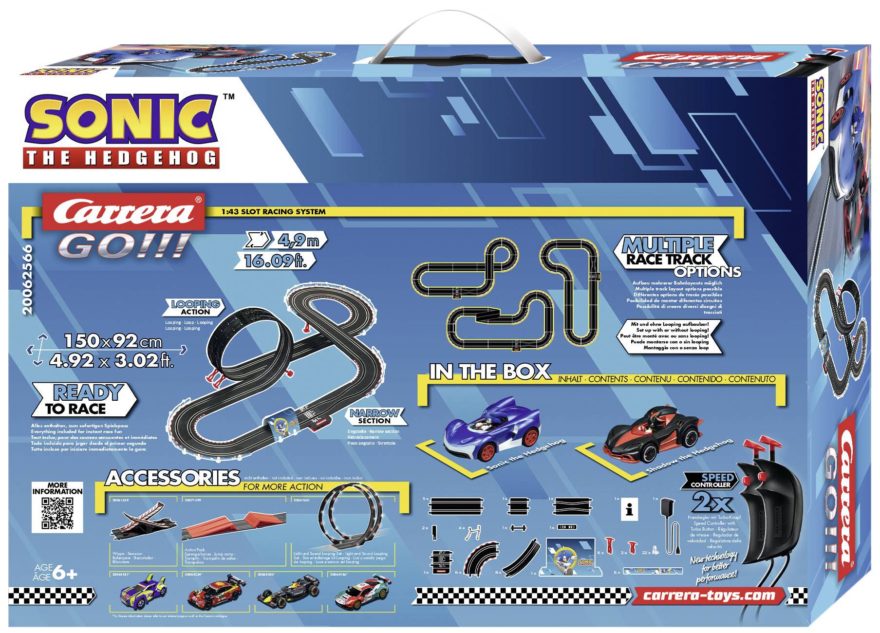 'Sonic the Hedgehog'-racebaan voor kinderen vanaf 6 jaar. Bevat twee auto's, raceparcours met meerdere opties en toebehoren. Afmetingen: 150 x 92 cm.