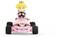 Een blonde figuur met een kroon en een roze outfit rijdt een roze kart.