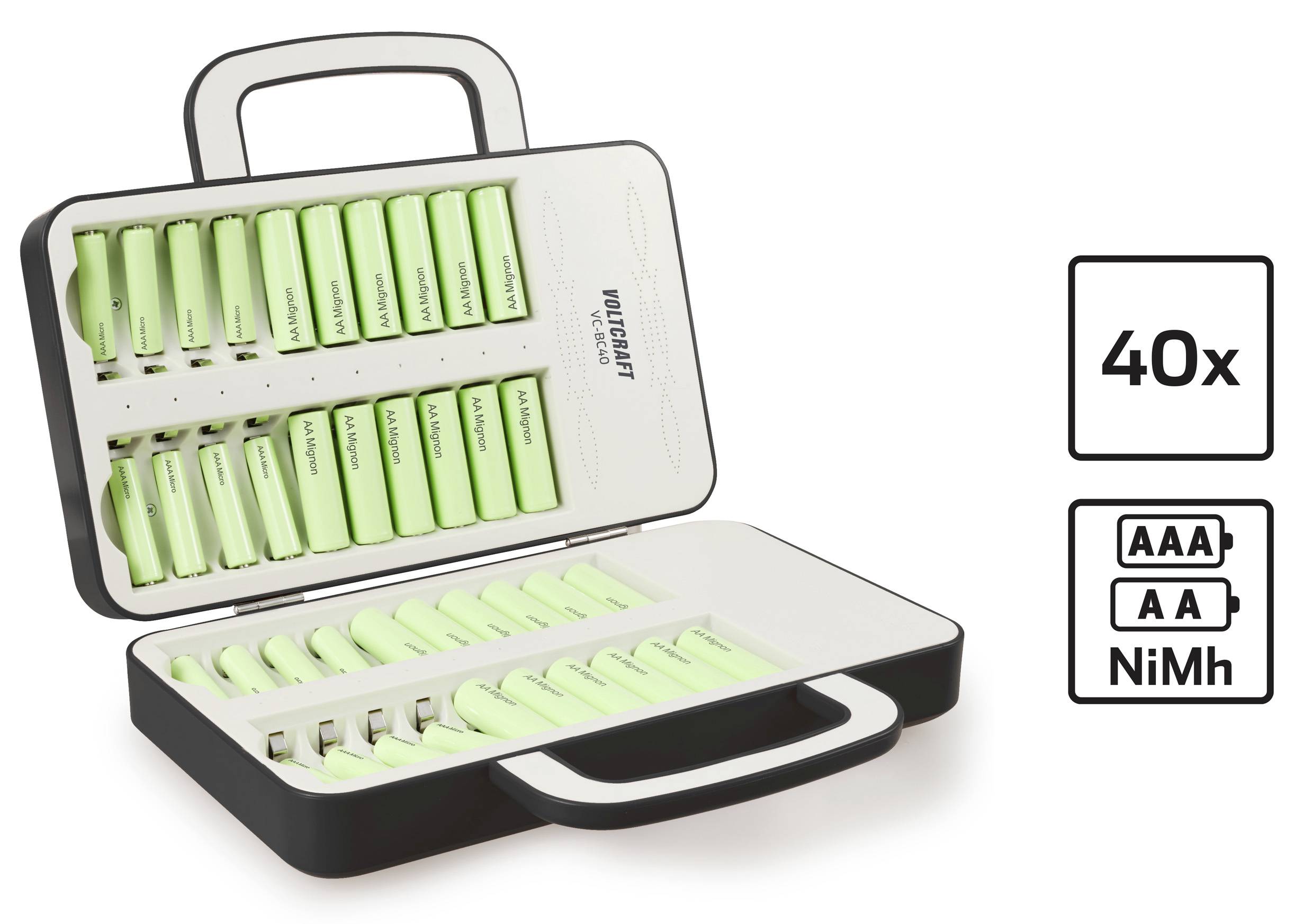 '40x AAA NiMH-batterijen in een open koffer'