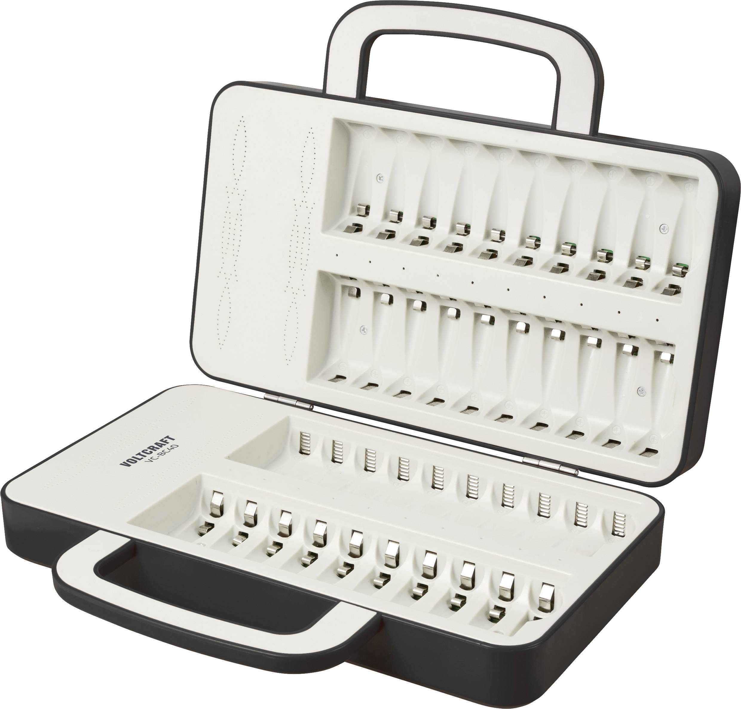 Open organizer met vakjes voor het opslaan van batterijen in verschillende formaten.