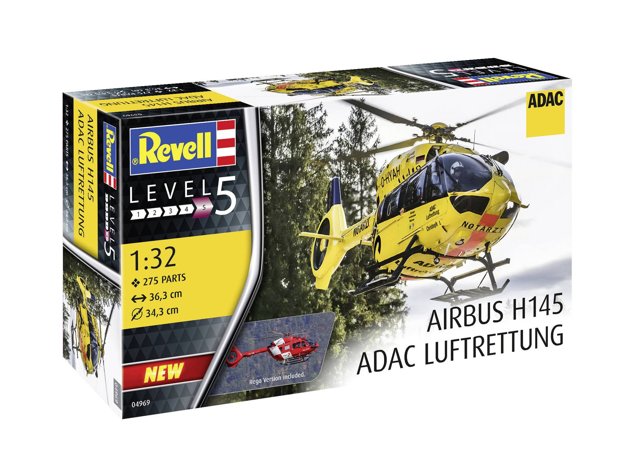 Een modelbouwset van de 'Airbus H145 ADAC Luftrettung' van Revell in schaal 1:32. Bevat 275 onderdelen. Afbeelding van een gele reddingshelikopter.