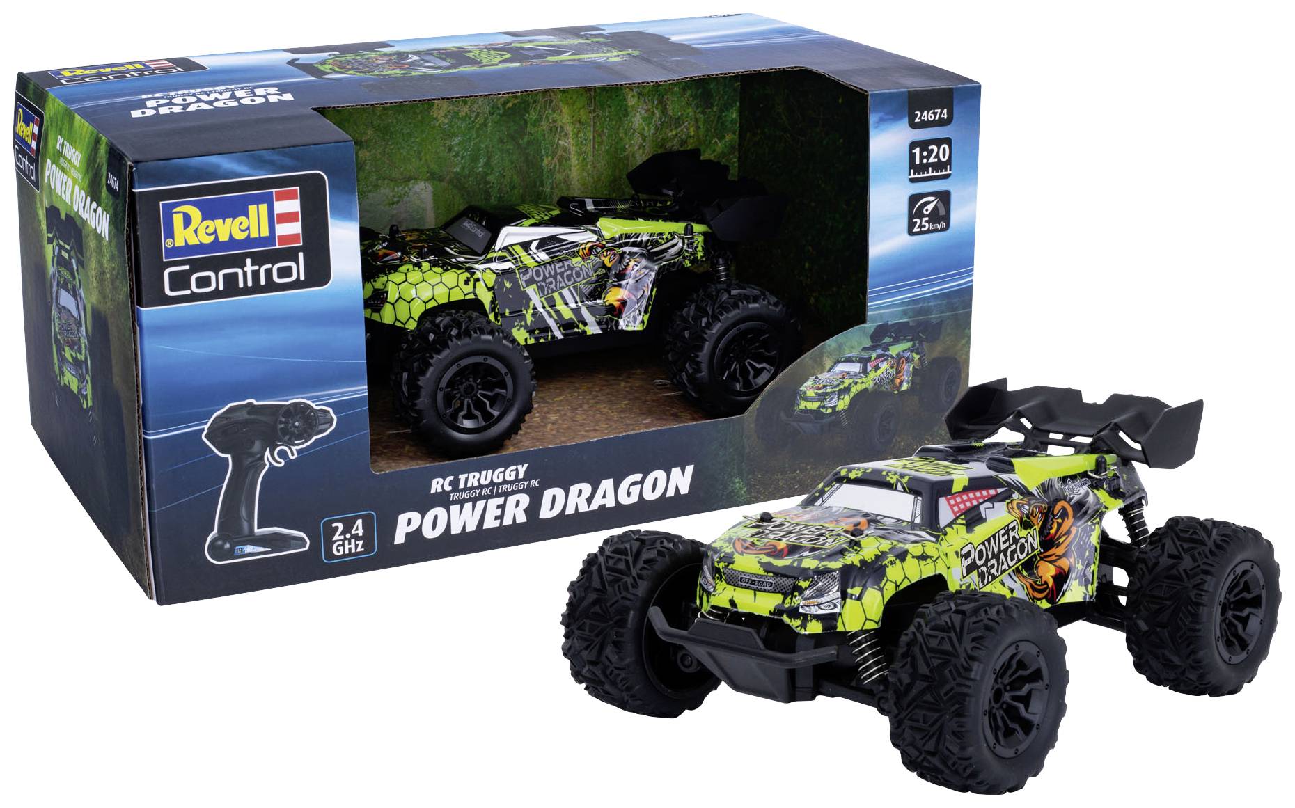 RC-Truggy 'Power Dragon' op schaal 1:20 naast de verpakking. Gedetailleerd ontwerp met drakenmotieven. Afstandsbediening inbegrepen.