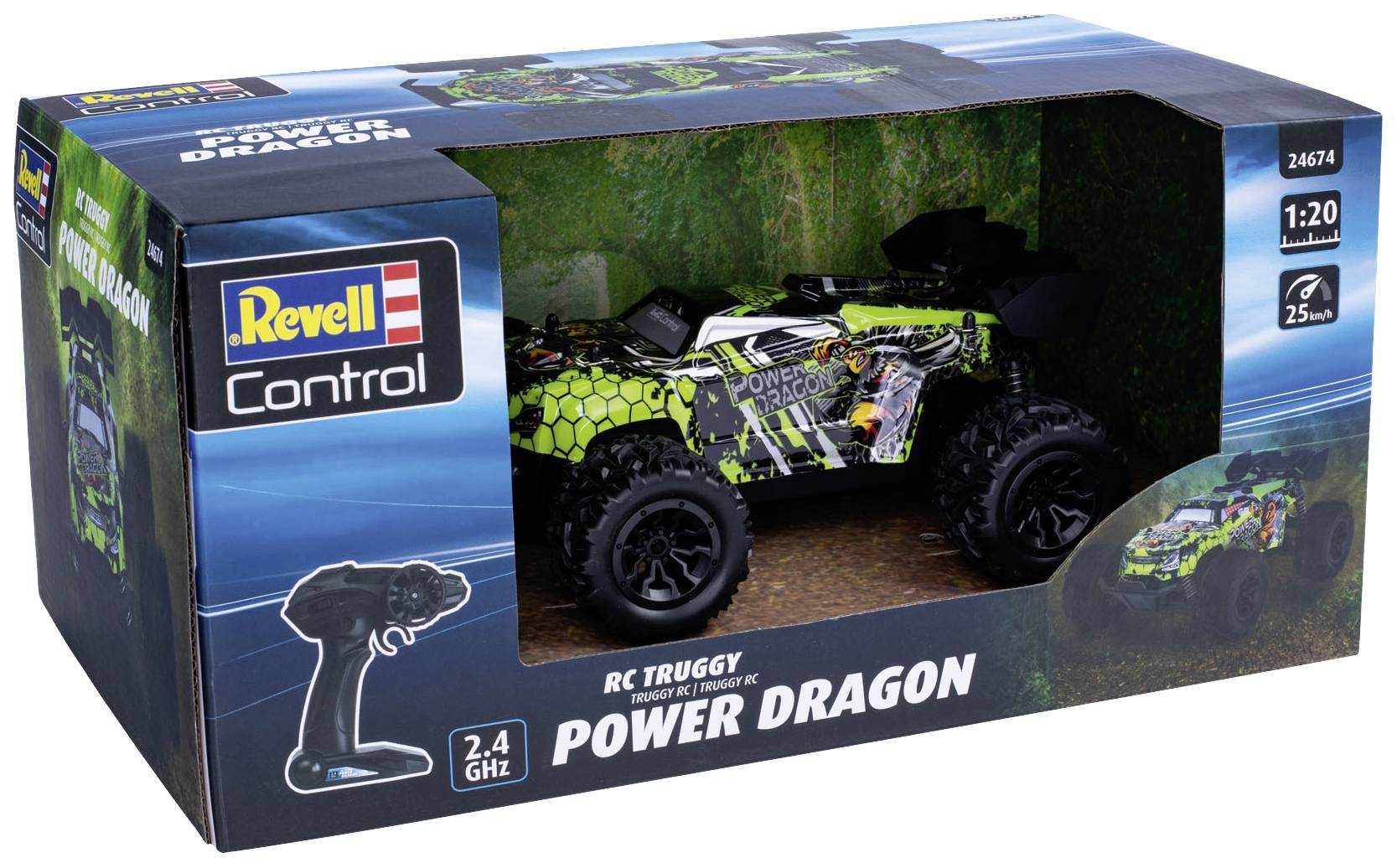 Speelgoedauto 'Power Dragon' op schaal 1:20 in een Revell-verpakking. Bevat RC-truggy-model en afstandsbediening.