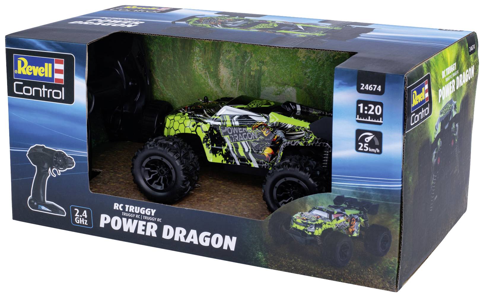 De afbeelding toont de verpakking van een bestuurbare auto 'Power Dragon', schaal 1:20, van Revell Control. Hoofdkleuren: Zwart en Groen.