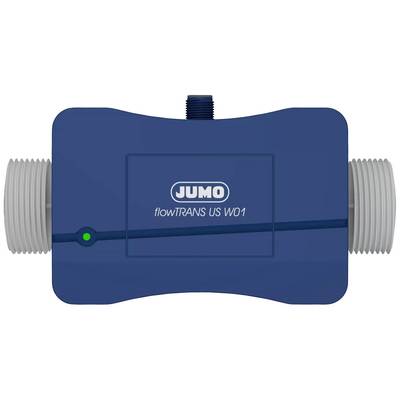 'Blauwe flowmeter JUMO flowTRANS US W01 met groene controlelamp, geschikt voor industriële toepassingen.'