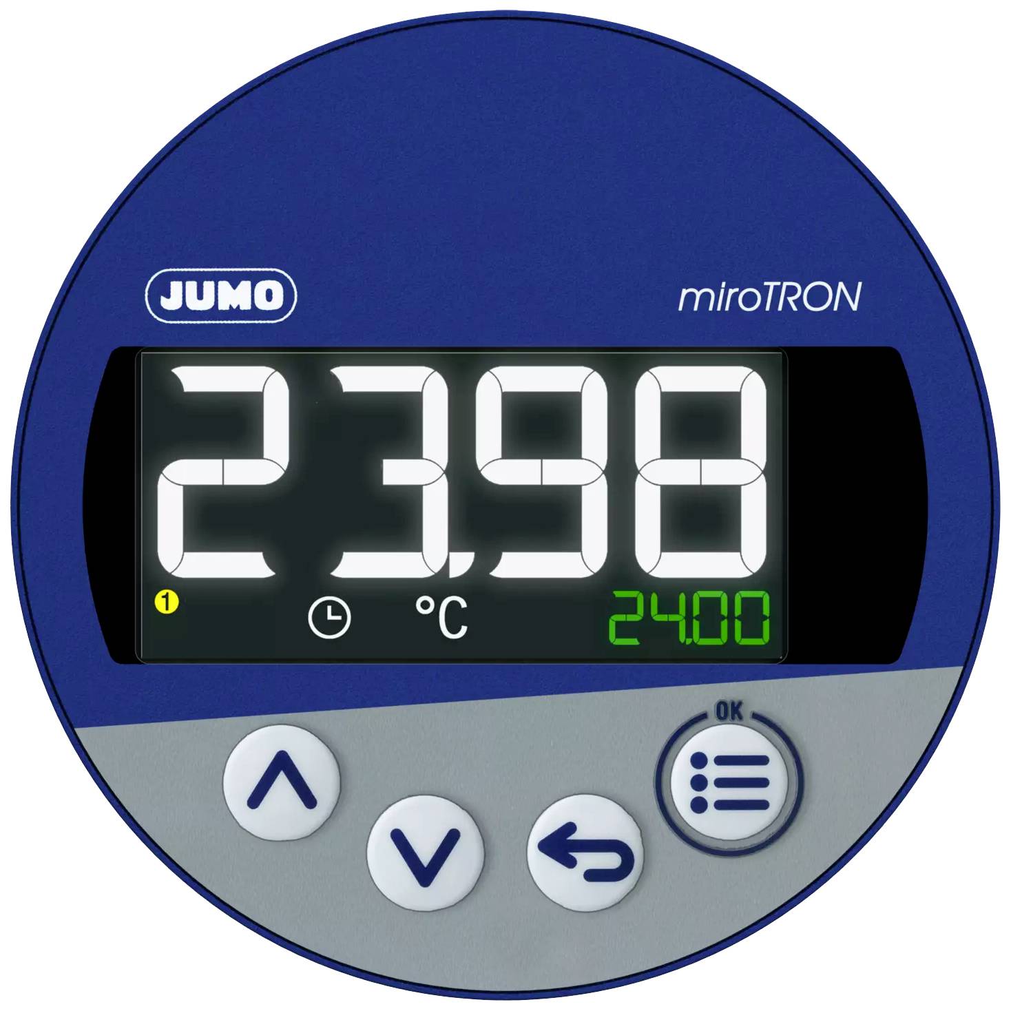 Een digitaal display van een JUMO miroTRON geeft de temperatuur van 23,98 °C weer. Onderaan bevinden zich navigatie- en bevestigingsknoppen.