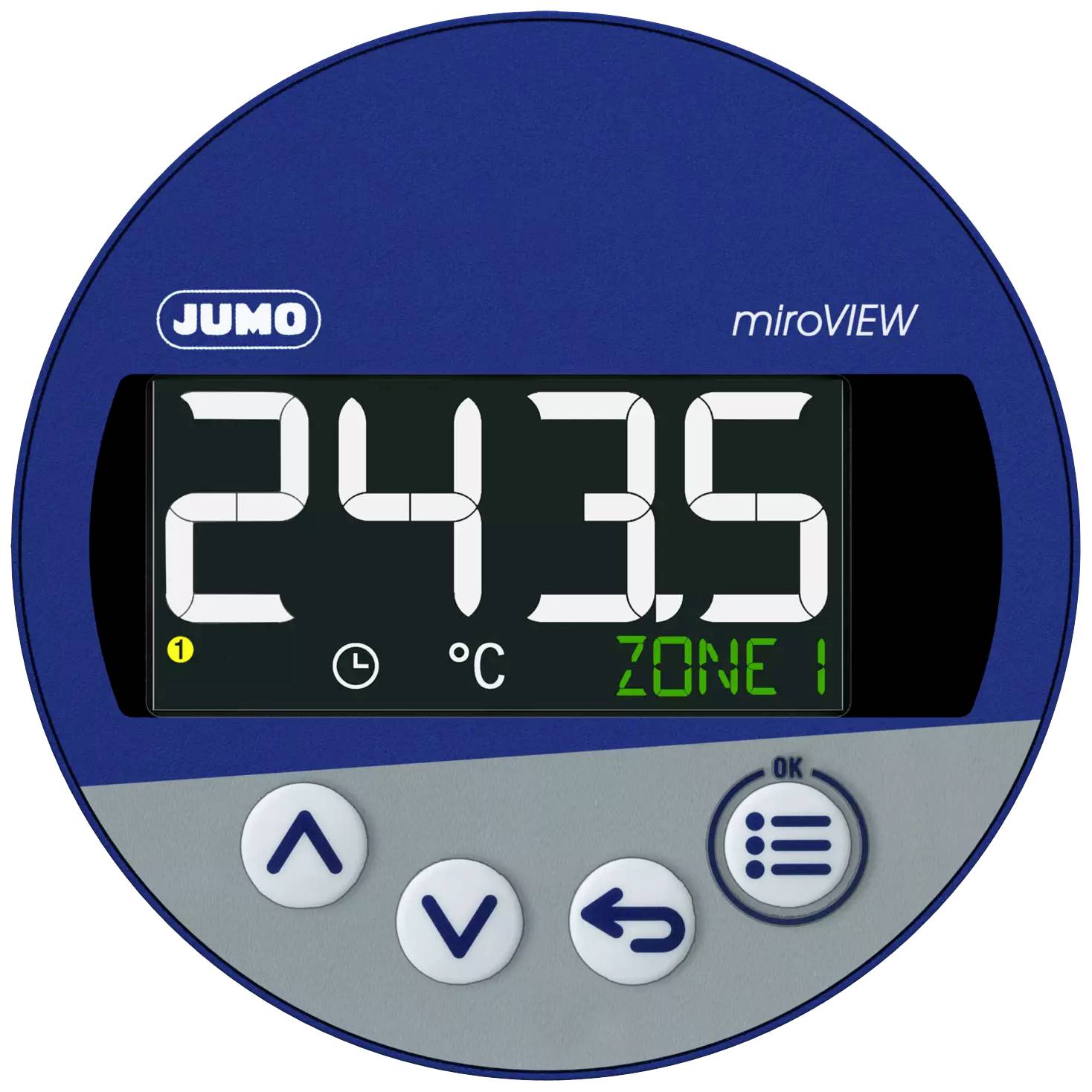 Digitale thermostaat met LCD-display toont '24,35 °C ZONE 1'. Navigatie- en bevestigingstoetsen eronder.