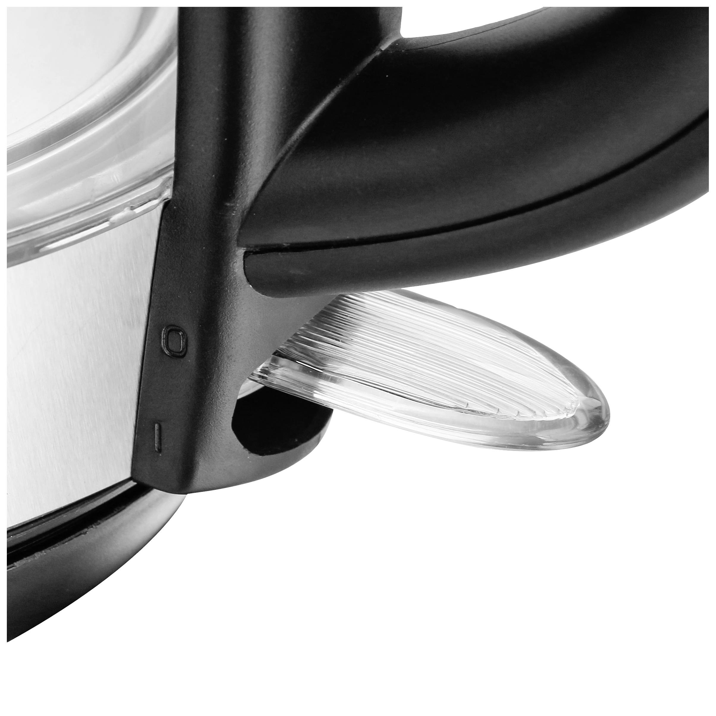 Close-up van een waterkoker met een zwarte handgreep en een transparant controleraam.