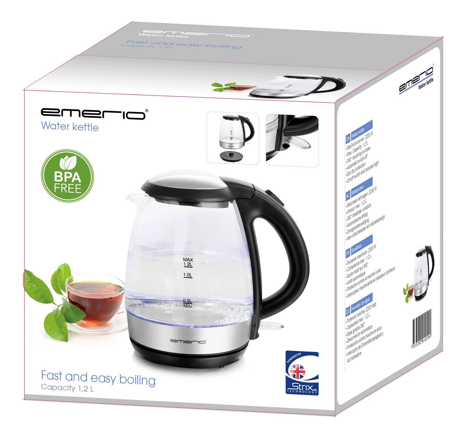 'Waterkoker, BPA-vrij, inhoud 1,2 liter. Snel en gemakkelijk koken. Afbeelding van een kan met thee en bladeren.'