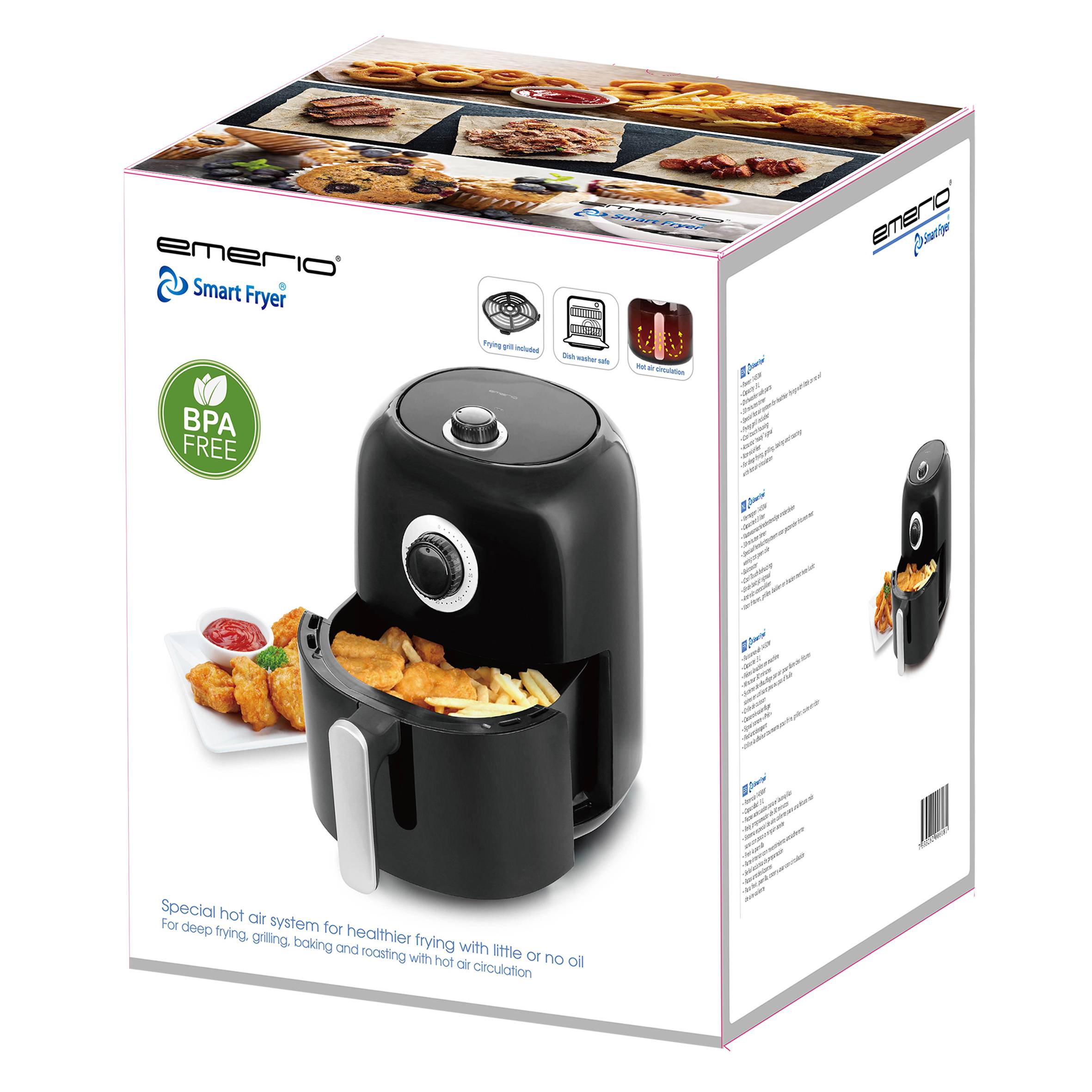 'Zwarte heteluchtfriteuse van Emerio' met uittrekbare lade, op de verpakking afgebeeld met friet en kip. BPA-vrij.