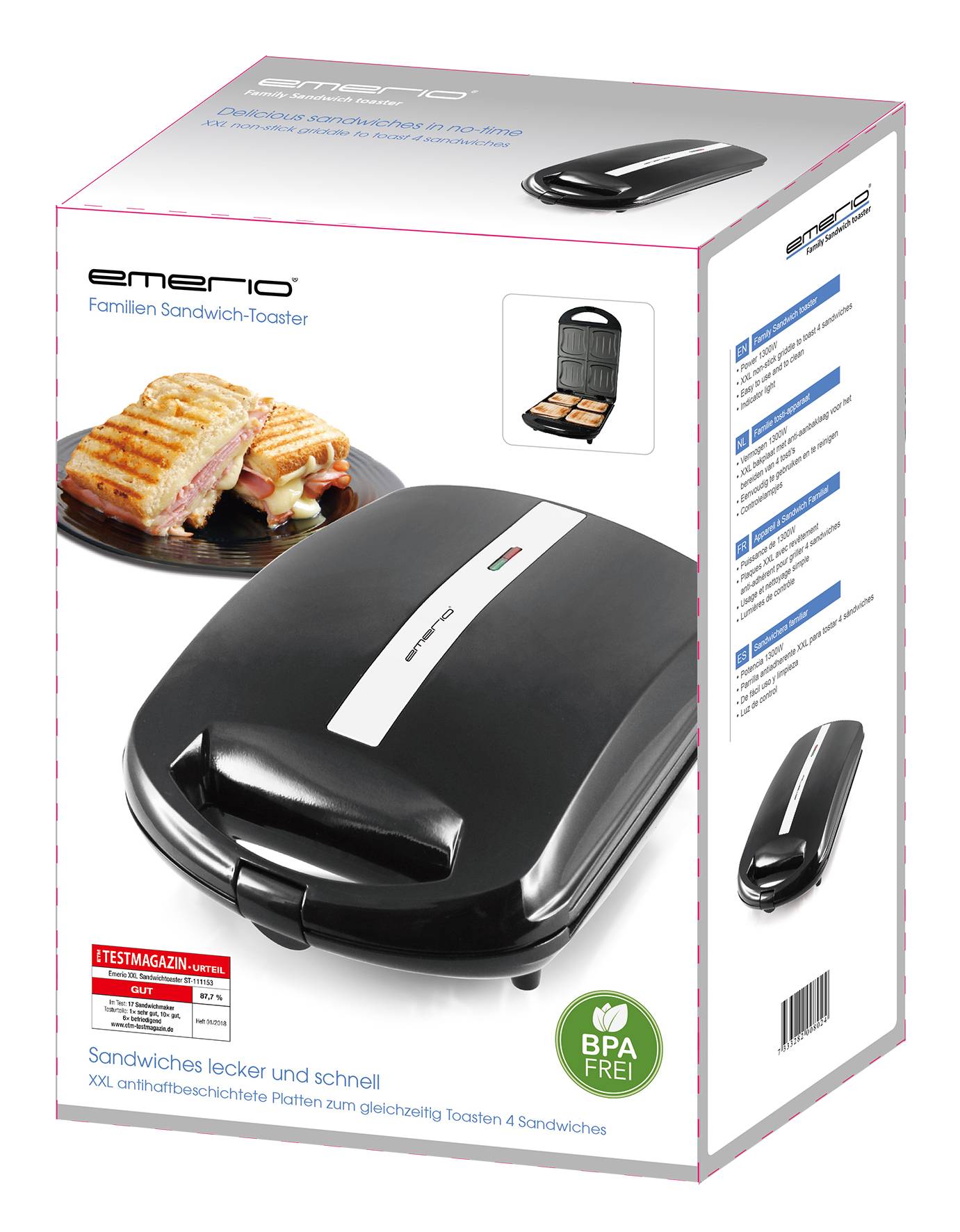 Verpakking van een Tosti-apparaat met afbeelding van het apparaat en tosti's. Tekst: 'Familie Tosti-apparaat', 'Heerlijk en snel', Vrij van BPA.