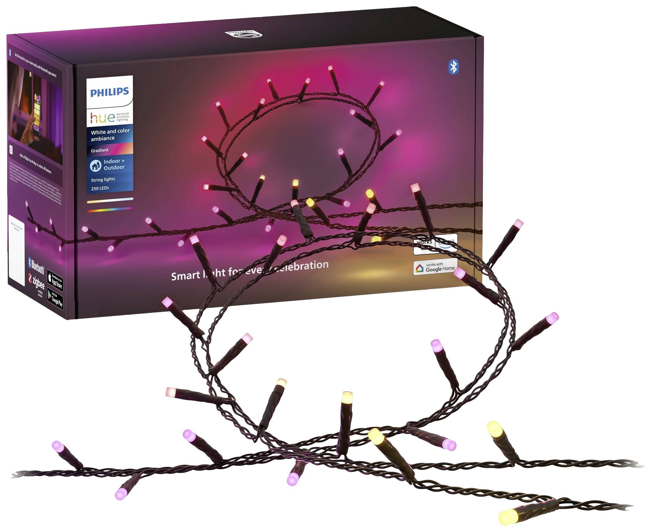 Een verpakking van Philips Hue slimme lichtslingers is te zien, met meerdere lampen in rood- en geeltinten die op de voorgrond oplichten.