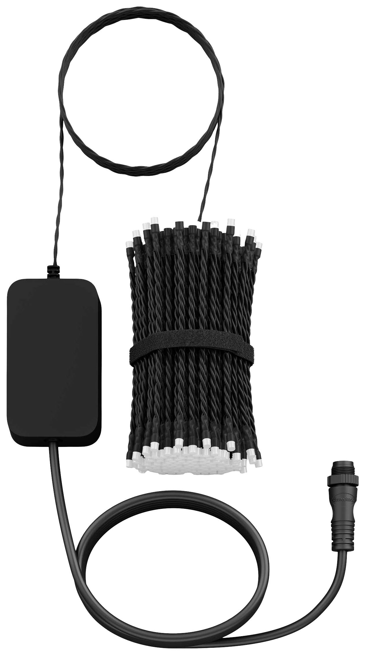 Zwart LED-lichtbundel met voedingsadapter en verlengkabel, geschikt voor decoratie of verlichting binnen en buiten.
