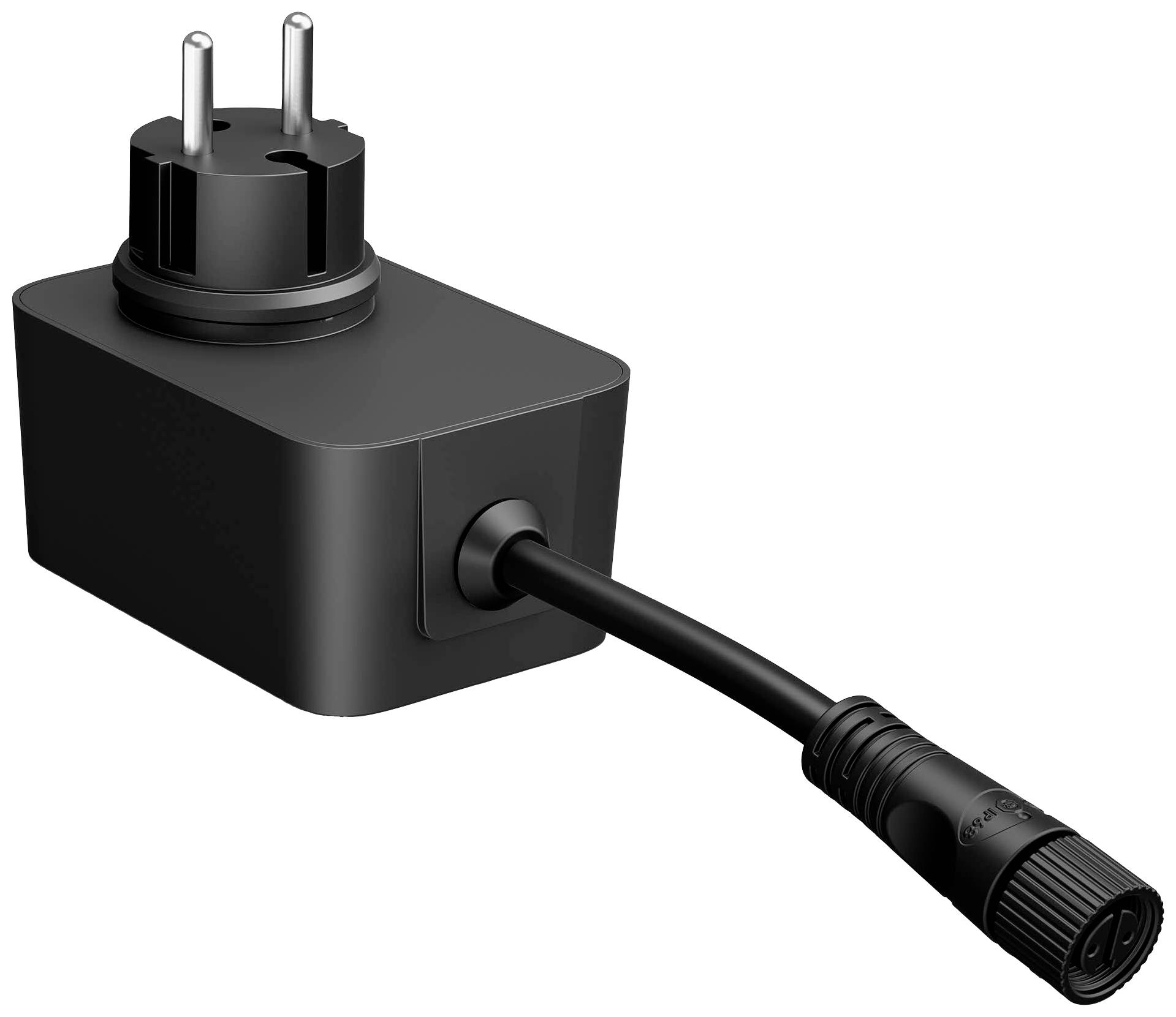 Zwart netsnoer met Europese stekker en kabelaansluiting, geschikt voor elektronische apparaten.
