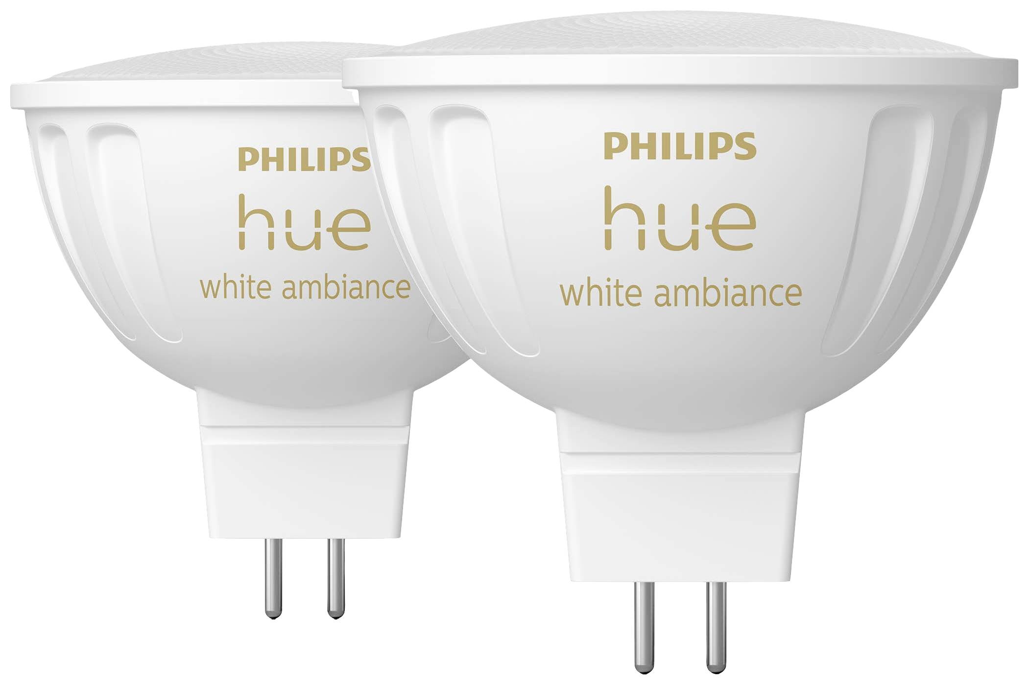 Twee Philips Hue White Ambiance LED-lampen, GU10-fitting, tegen een witte achtergrond. Ze bieden aanpasbaar witlicht voor verschillende sferen.
