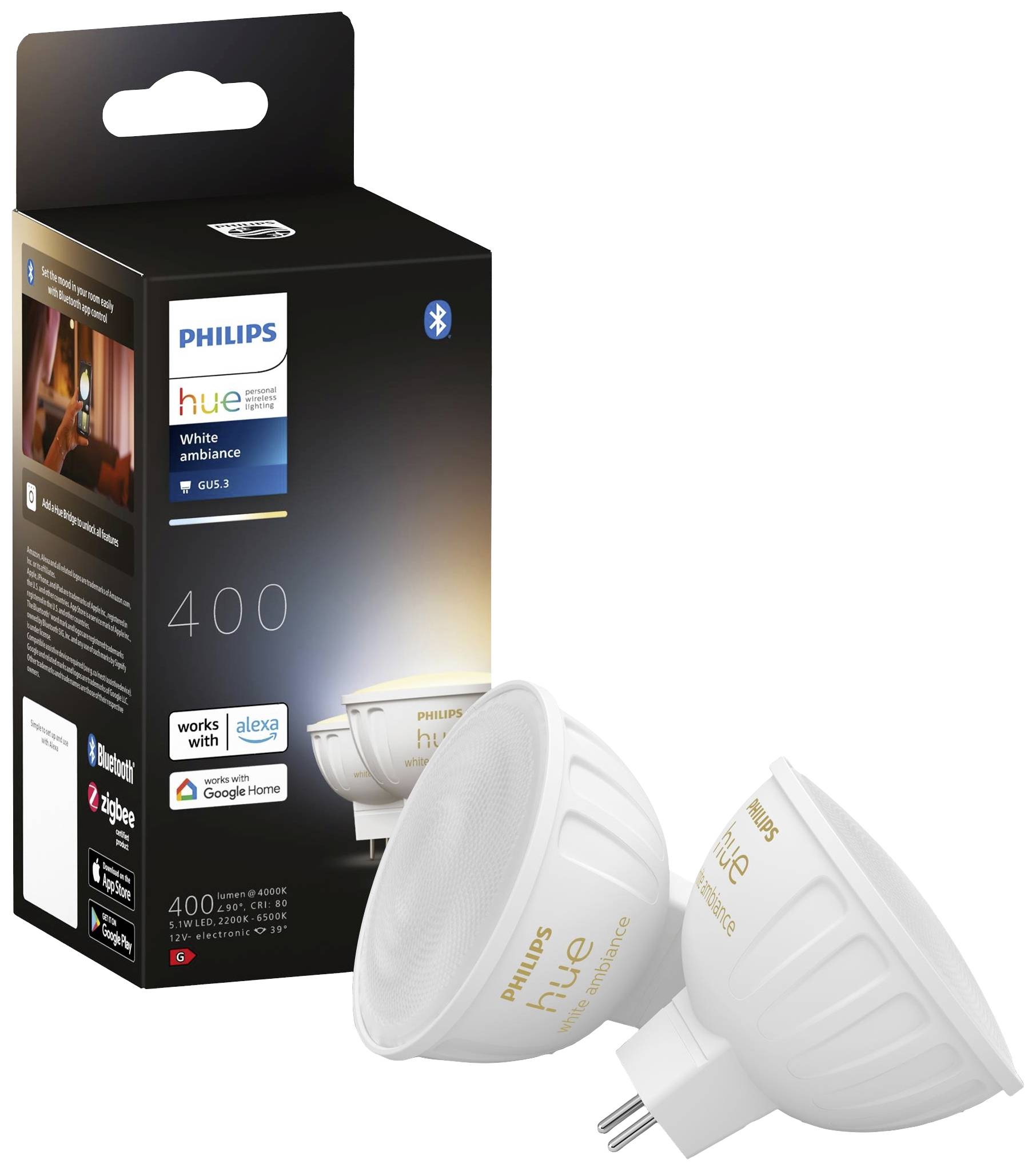 Twee witte Philips Hue GU5.3-LED-lampen met verpakking. Compatibel met Alexa en Google Home, 400 lumen, warme lichtsfeer.