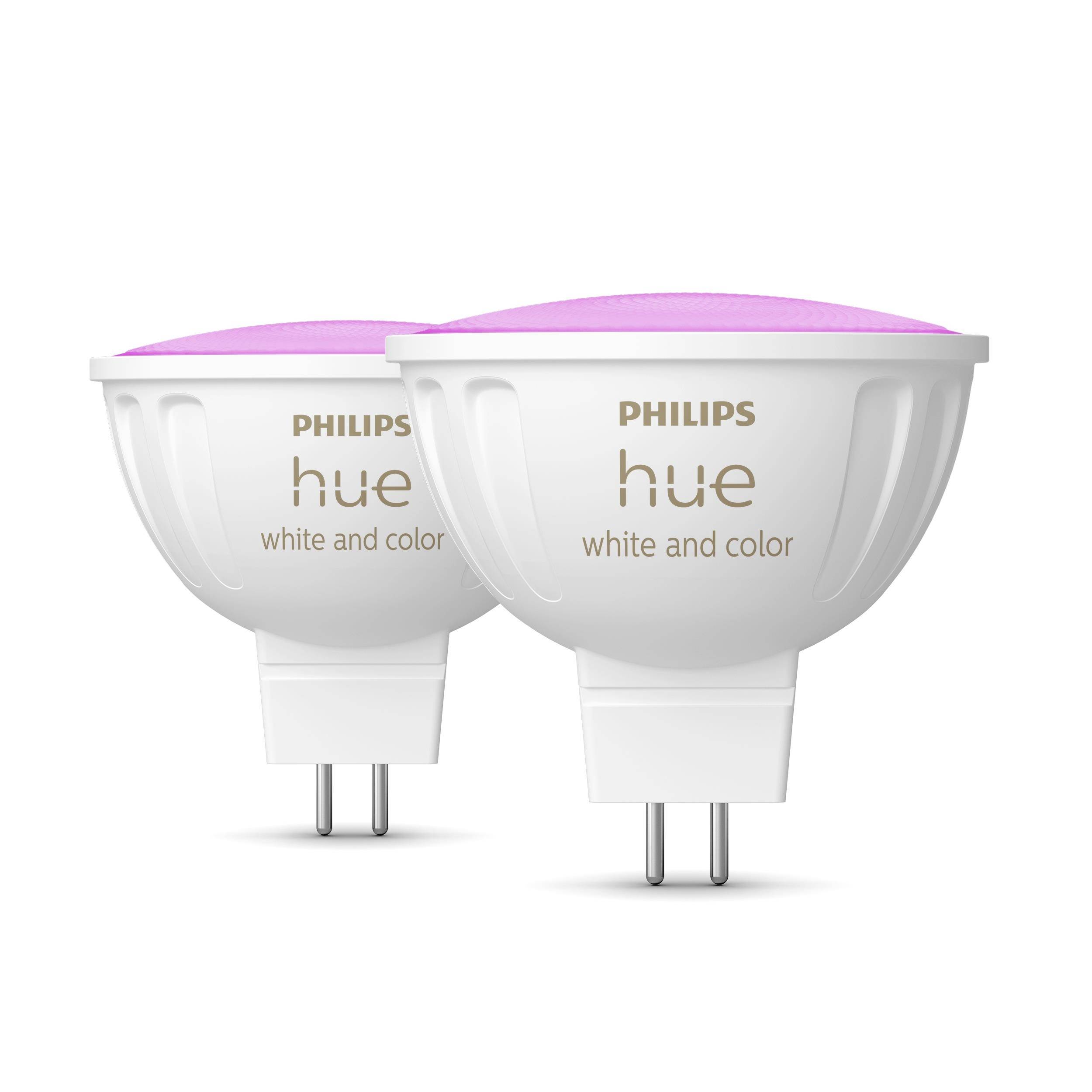 Twee Philips Hue Smart-lampen, type GU5.3, met witte en gekleurde lichtopties. Ze zijn afgebeeld voor een witte achtergrond.