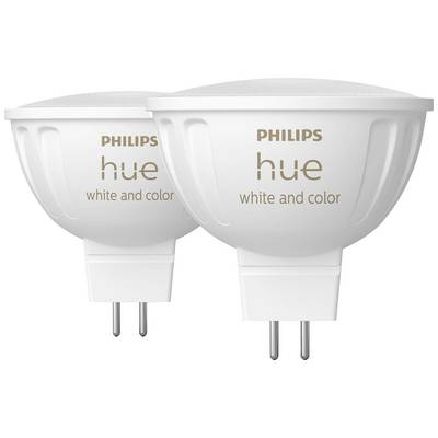 Twee Philips Hue LED-lampen, wit en gekleurd, met GU10-fitting, voor slimme verlichting.