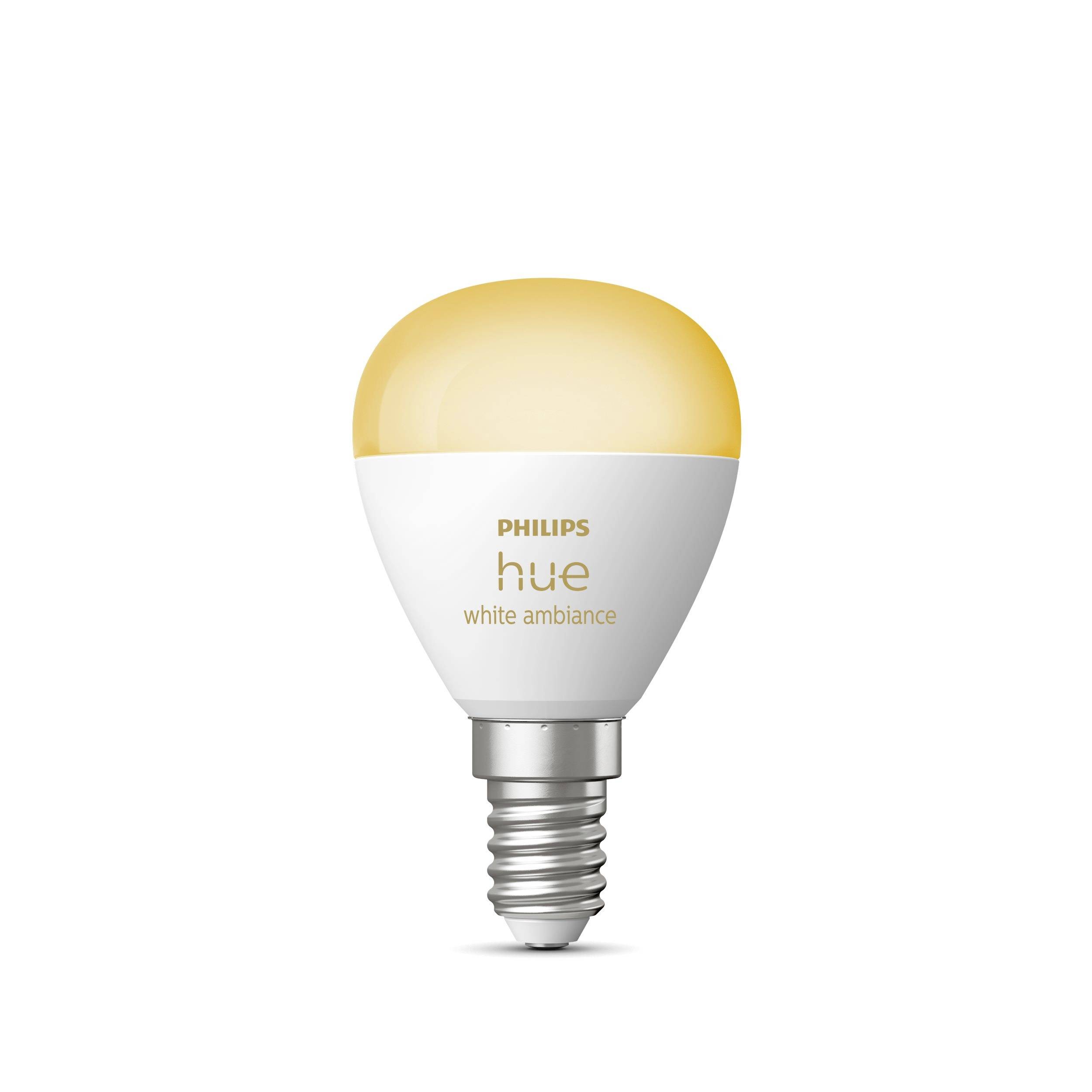 Een Philips Hue White Ambiance lamp met geel licht, geschikt voor flexibele verlichting in verschillende witschakeringen.