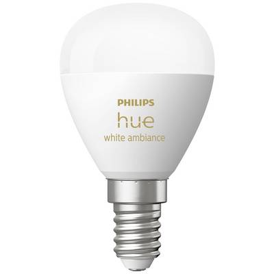 Een Philips Hue White Ambiance LED-lamp met E14-fitting, geschikt voor verschillende witschakeringen voor variabele verlichting.