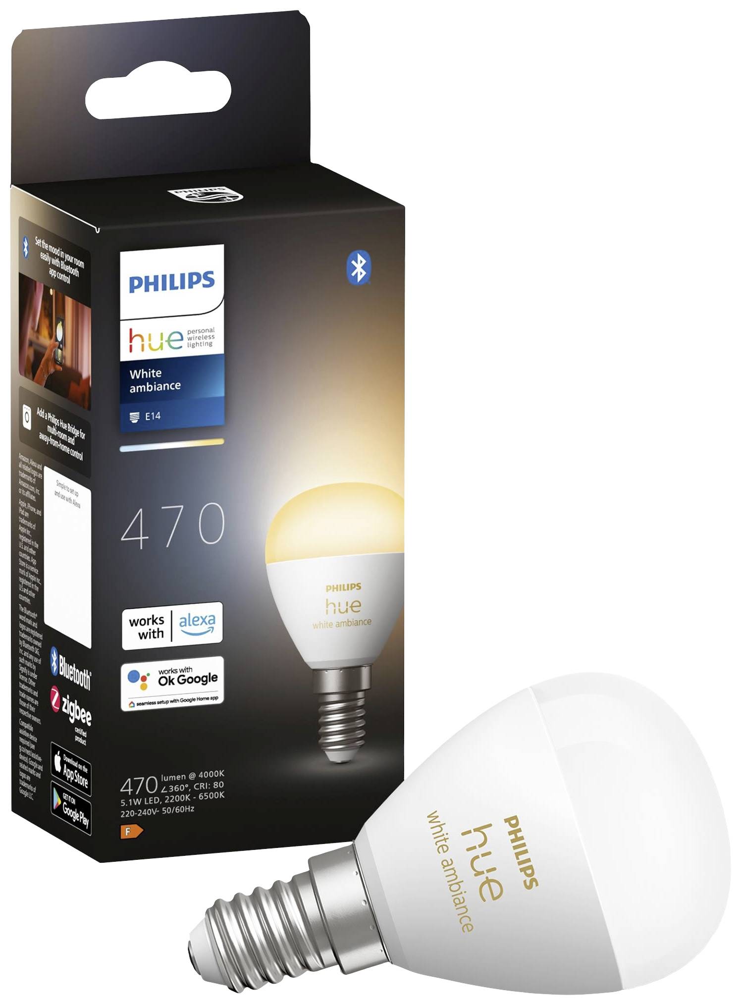 Een Philips Hue White Ambiance E14-lamp ligt naast zijn verpakking. Compatibel met Alexa en Google Assistant.